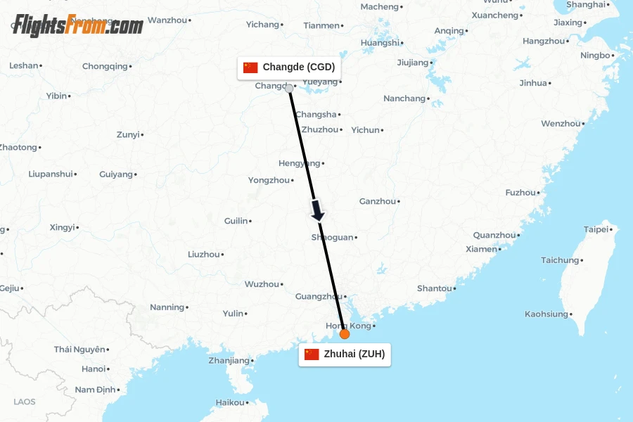 Flights from Changde to Zhuhai route map