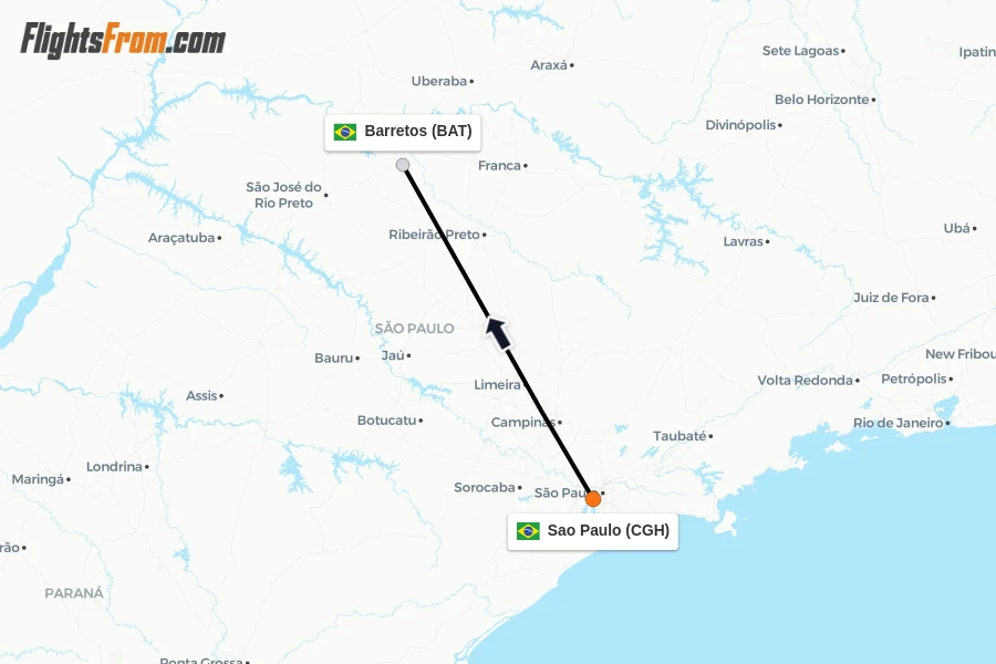 Flights from Sao Paulo to Barretos route map