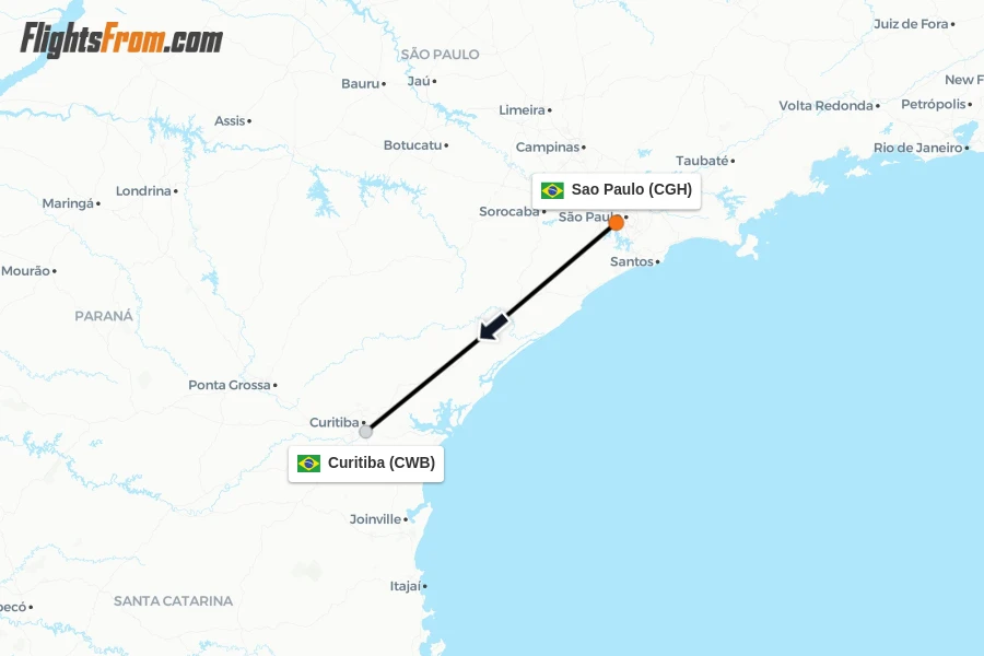 Flights from Sao Paulo to Curitiba route map