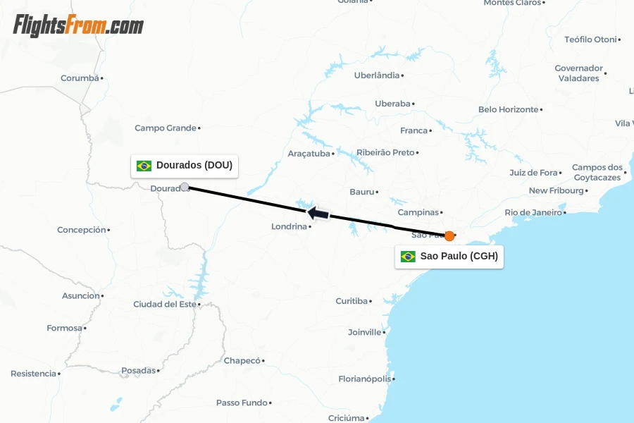 Flights from Sao Paulo to Dourados route map