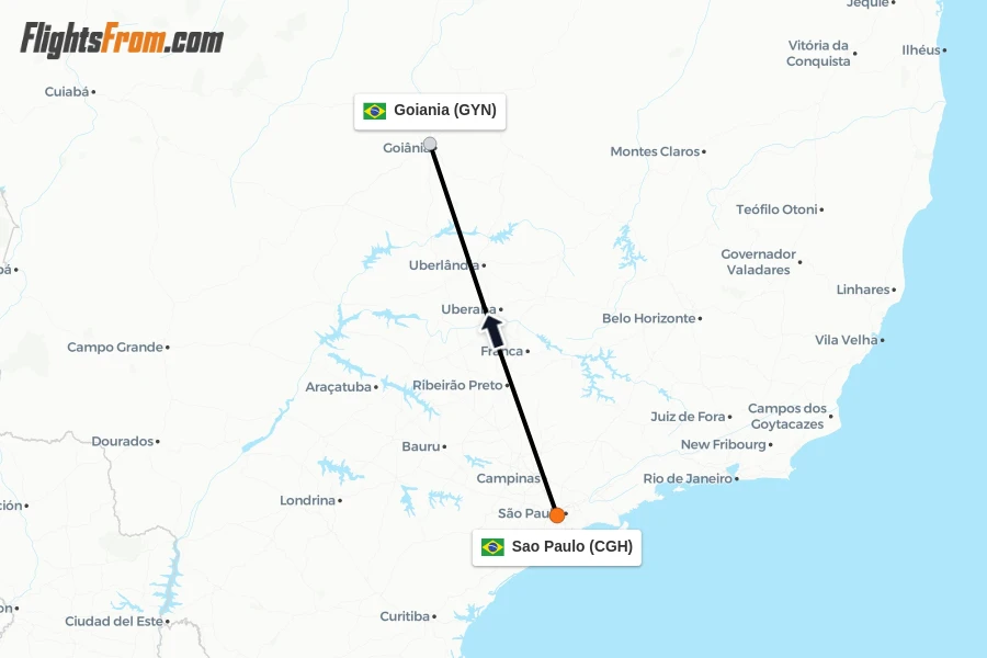 Flights from Sao Paulo to Goiania route map