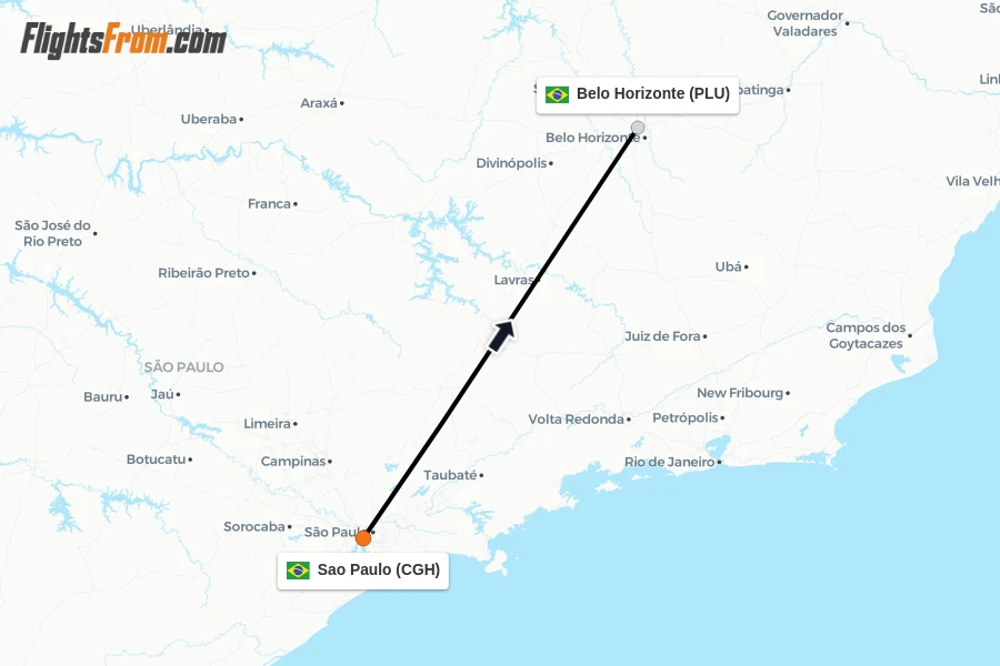 Flights from Sao Paulo to Belo Horizonte route map