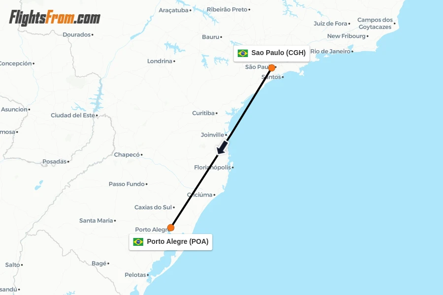 Flights from Sao Paulo to Porto Alegre route map