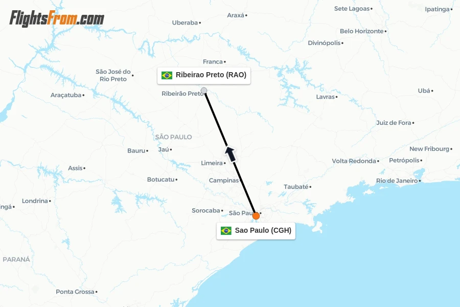 Flights from Sao Paulo to Ribeirao Preto route map