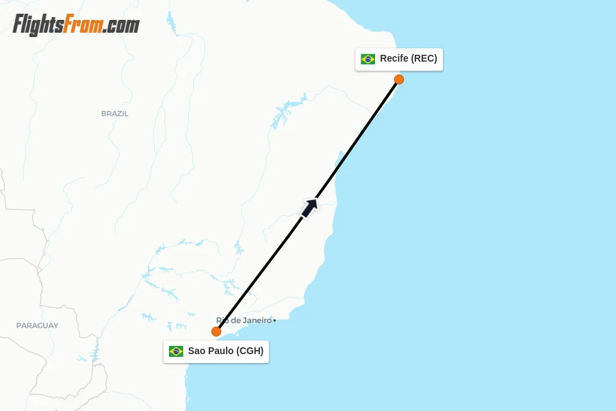Flights from Sao Paulo to Recife route map
