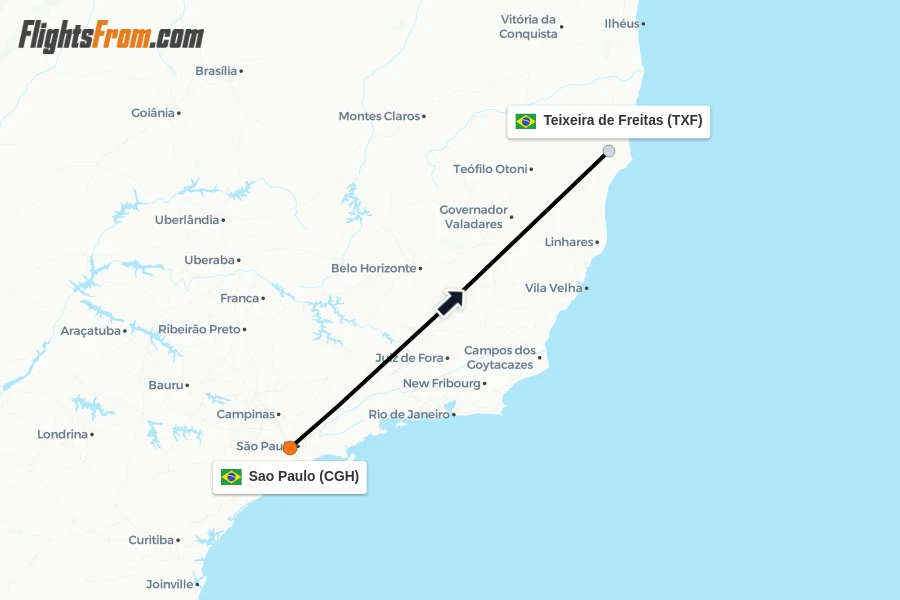 Flights from Sao Paulo to Teixeira de Freitas route map