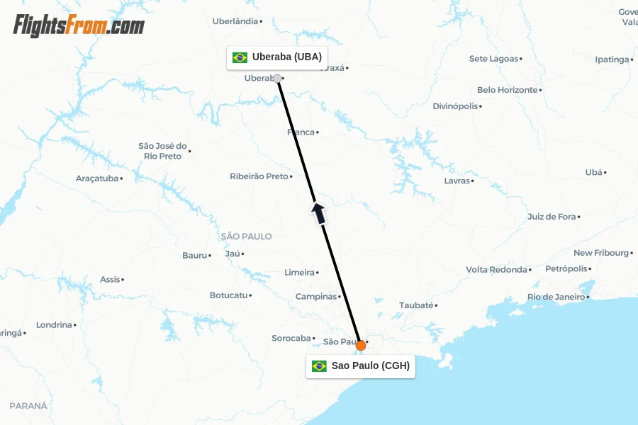 Flights from Sao Paulo to Uberaba route map