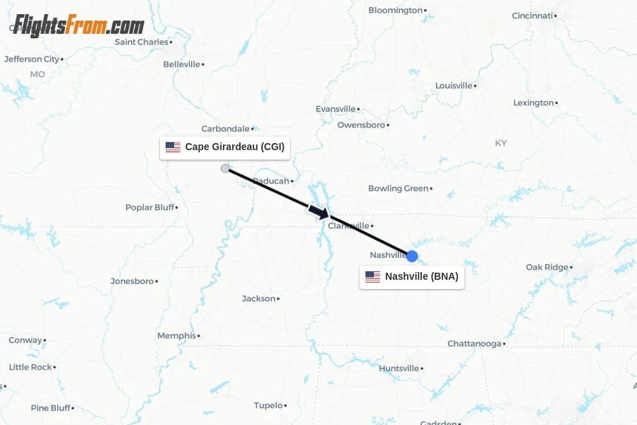 Flights from Cape Girardeau to Nashville route map