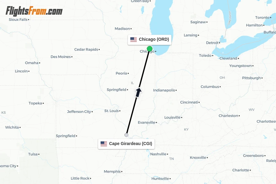 Flights from Cape Girardeau to Chicago route map