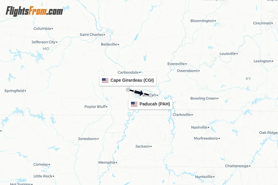 Flights from Cape Girardeau to Paducah route map