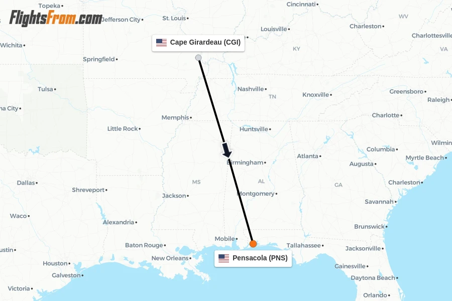 Flights from Cape Girardeau to Pensacola route map
