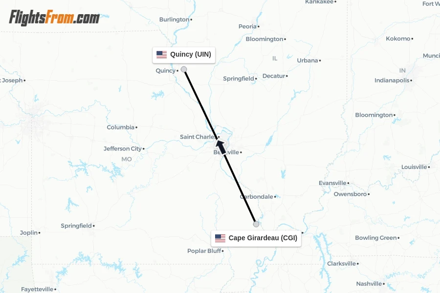 Flights from Cape Girardeau to Quincy route map