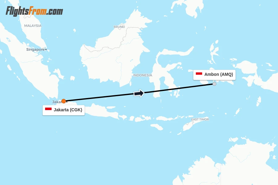 Flights from Jakarta to Ambon route map