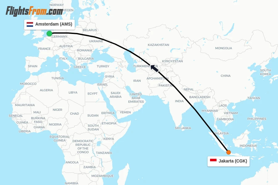 Flights from Jakarta to Amsterdam route map