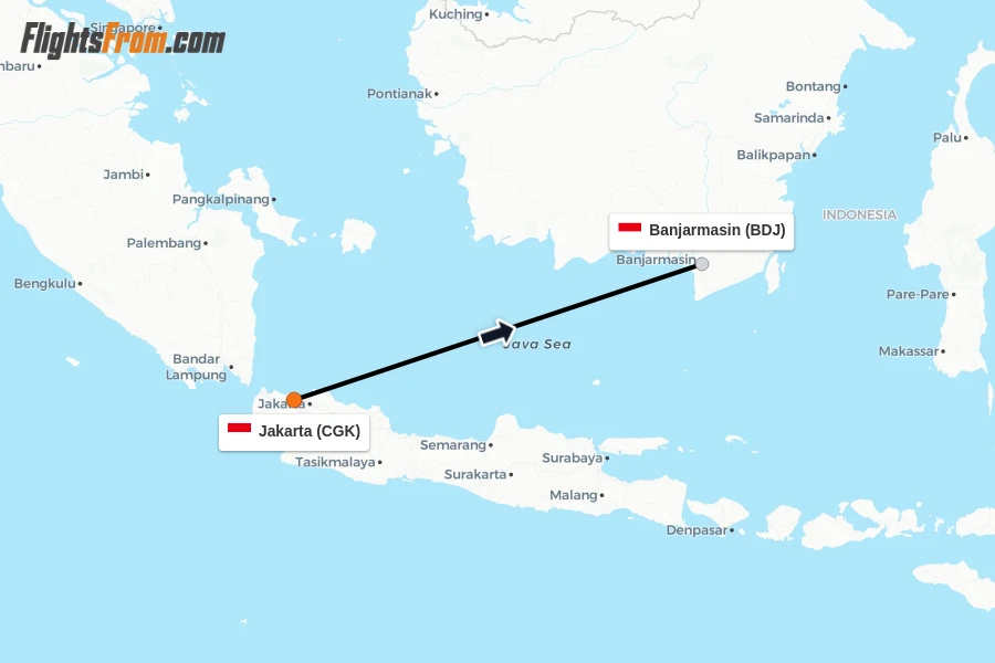 Flights from Jakarta to Banjarmasin route map