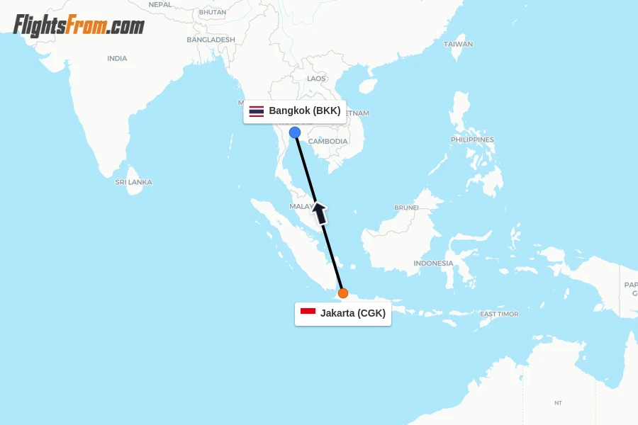 Flights from Jakarta to Bangkok route map