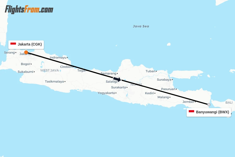 Flights from Jakarta to Banyuwangi route map