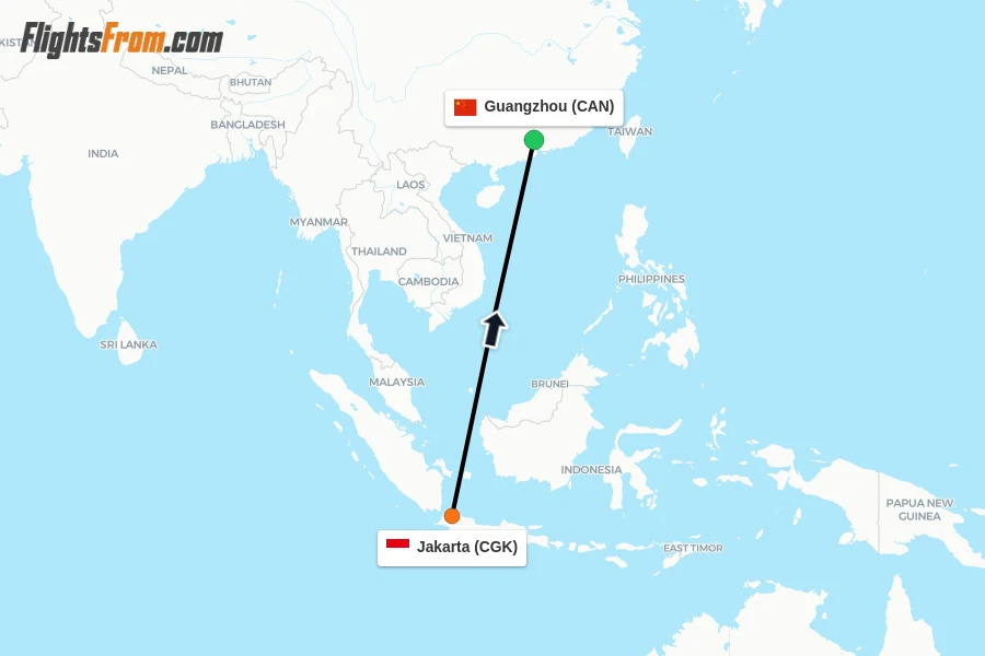 Flights from Jakarta to Guangzhou route map