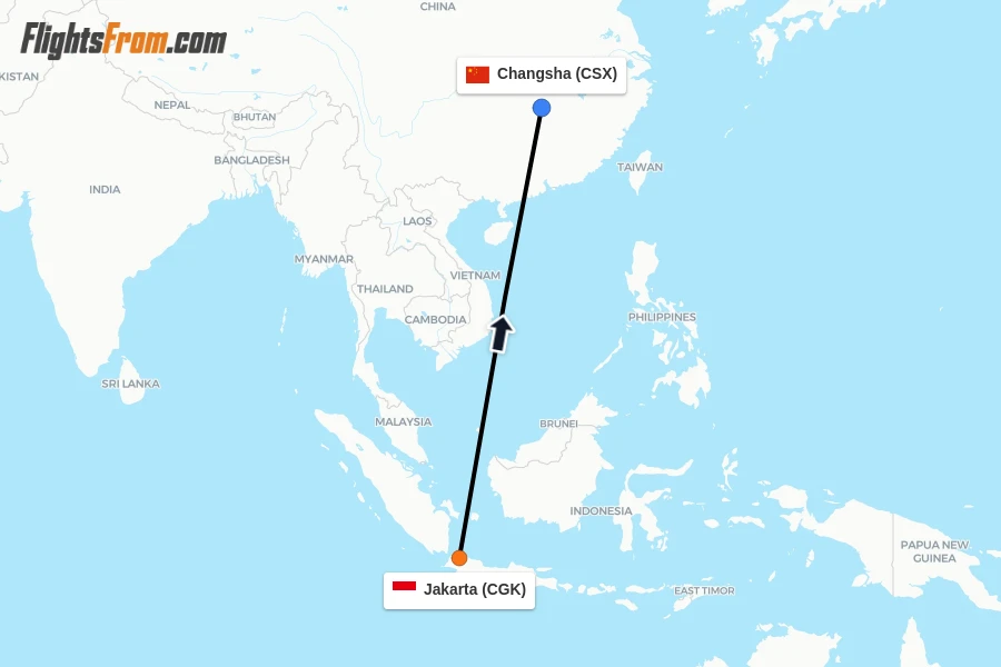 Flights from Jakarta to Changsha route map