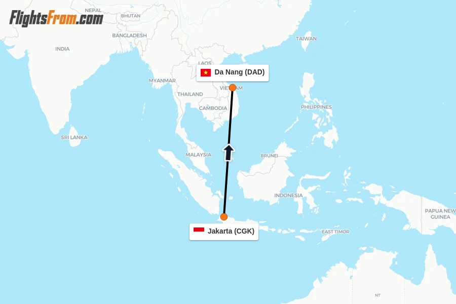 Flights from Jakarta to Da Nang route map