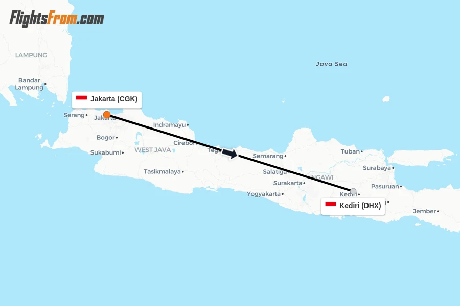 Flights from Jakarta to Kediri route map