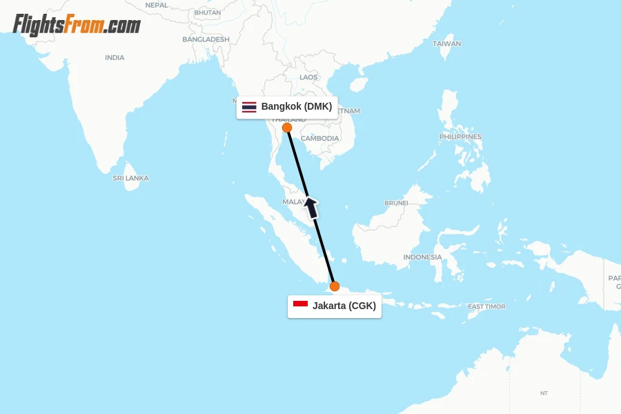 Flights from Jakarta to Bangkok route map