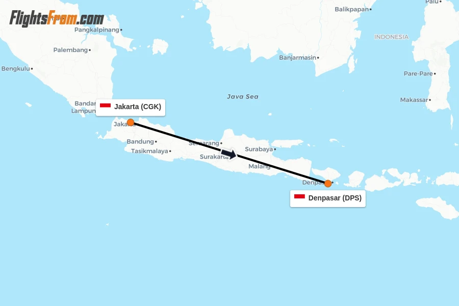 Flights from Jakarta to Denpasar route map