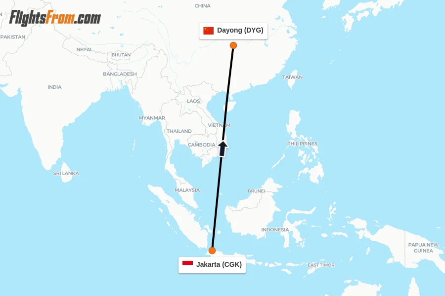 Flights from Jakarta to Dayong route map