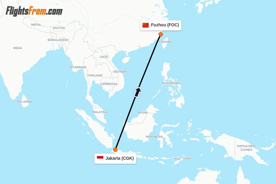 Flights from Jakarta to Fuzhou route map