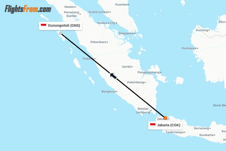 Flights from Jakarta to Gunungsitoli route map