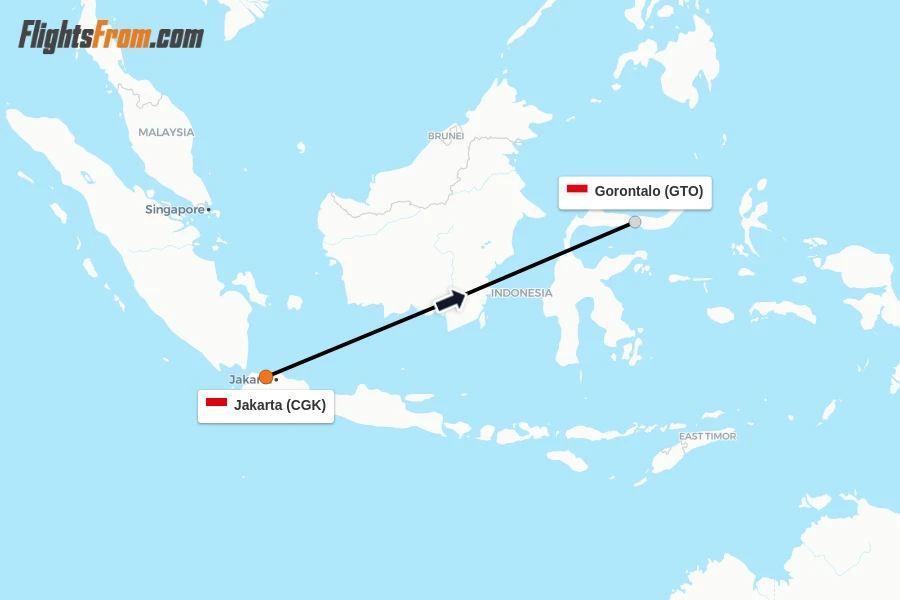 Flights from Jakarta to Gorontalo route map