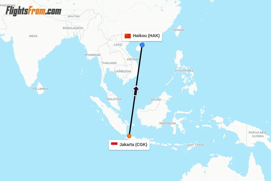 Flights from Jakarta to Haikou route map