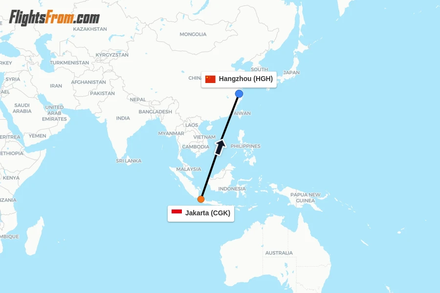 Flights from Jakarta to Hangzhou route map