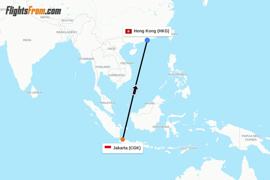 Flights from Jakarta to Hong Kong route map