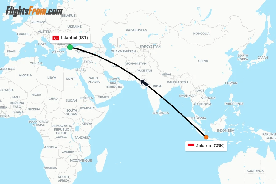 Flights from Jakarta to Istanbul route map