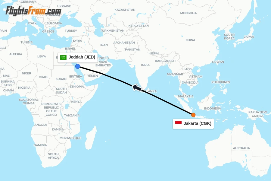 Flights from Jakarta to Jeddah route map
