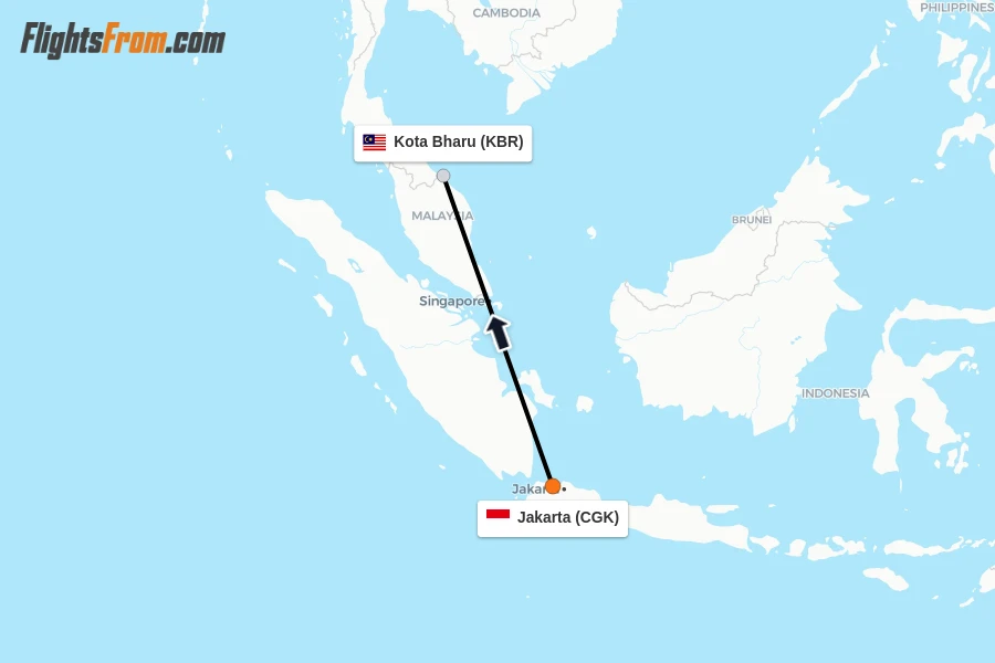 Flights from Jakarta to Kota Bharu route map