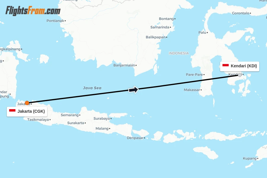 Flights from Jakarta to Kendari route map