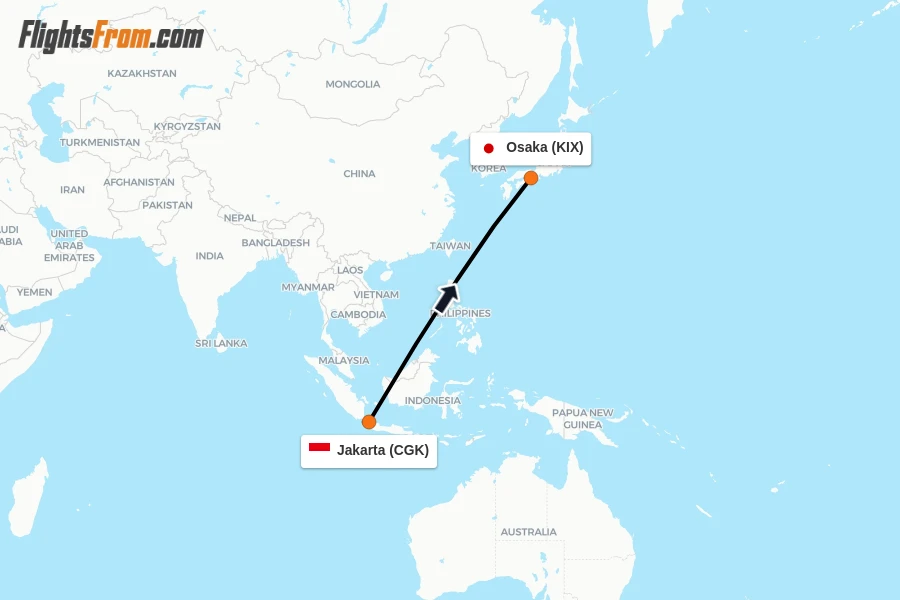 Flights from Jakarta to Osaka route map