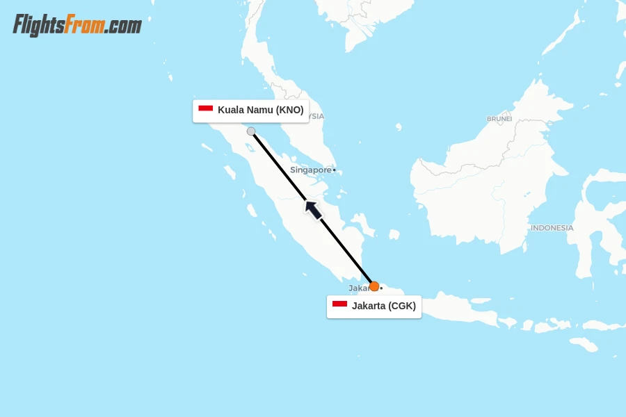 Flights from Jakarta to Kuala Namu route map