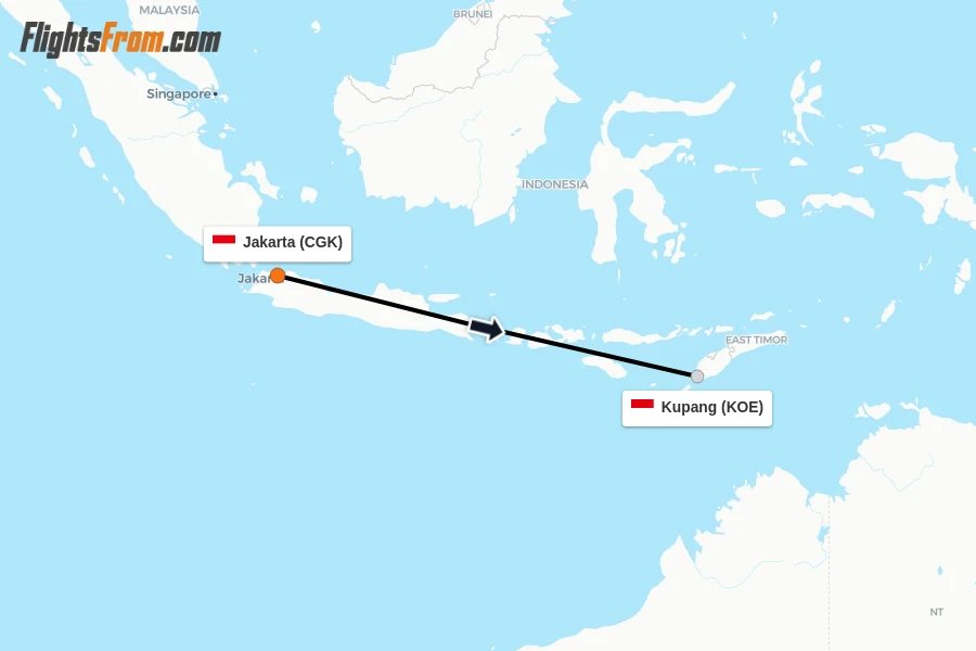 Flights from Jakarta to Kupang route map