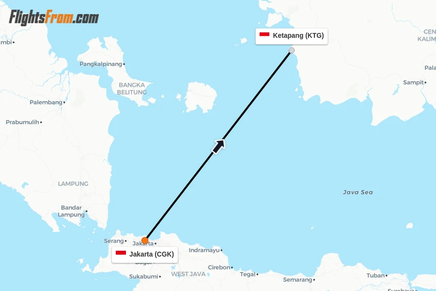 Flights from Jakarta to Ketapang route map