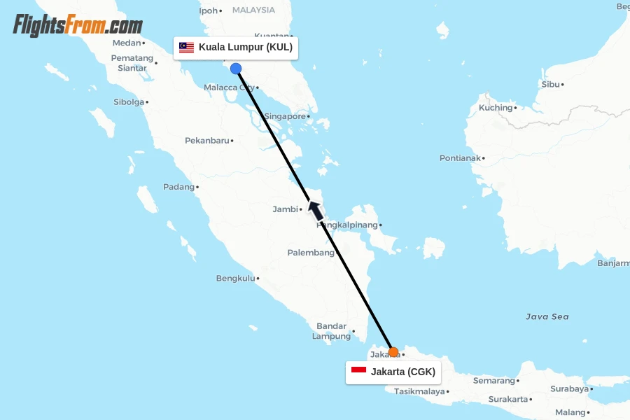 Flights from Jakarta to Kuala Lumpur route map