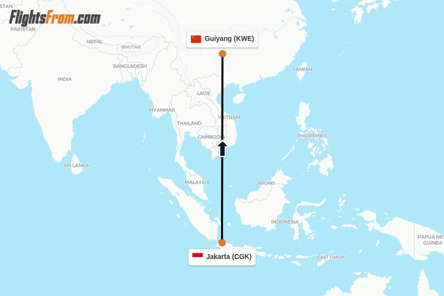 Flights from Jakarta to Guiyang route map