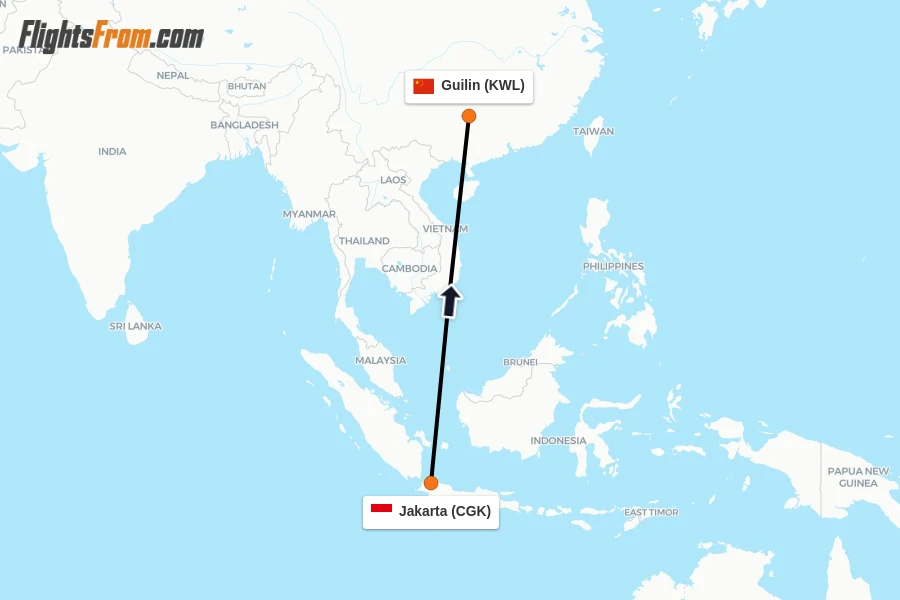 Flights from Jakarta to Guilin route map