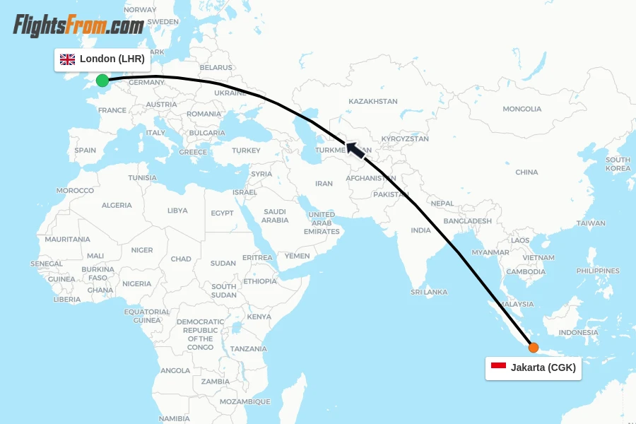 Flights from Jakarta to London route map