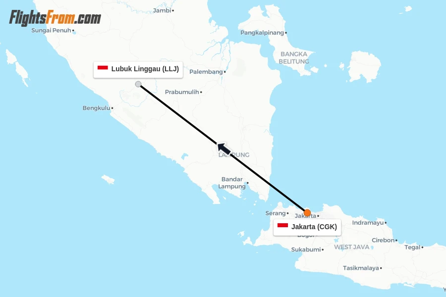 Flights from Jakarta to Lubuk Linggau route map