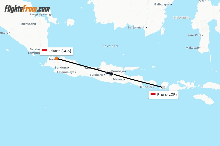 Flights from Jakarta to Praya route map