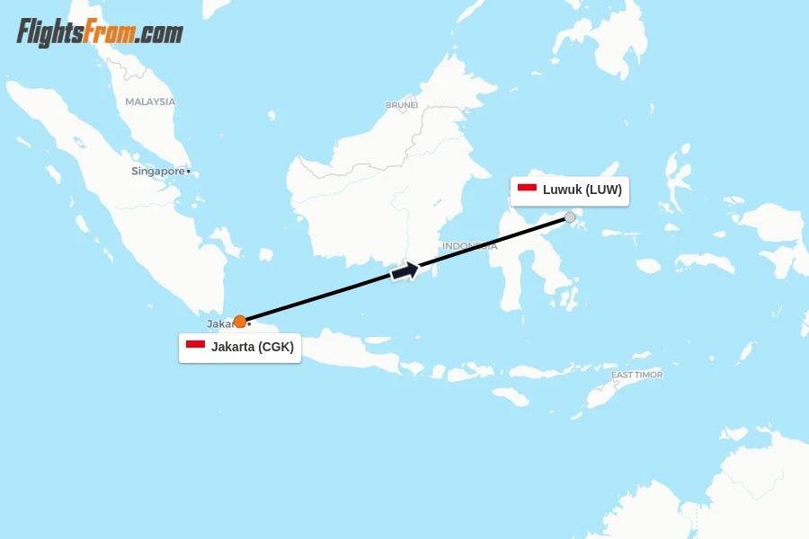 Flights from Jakarta to Luwuk route map