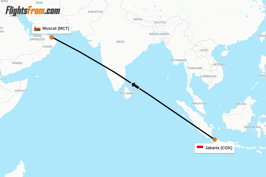 Flights from Jakarta to Muscat route map